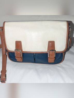 Coach Park Colorblock White and Navy Crossbody with Tan Leather Trim F 23383